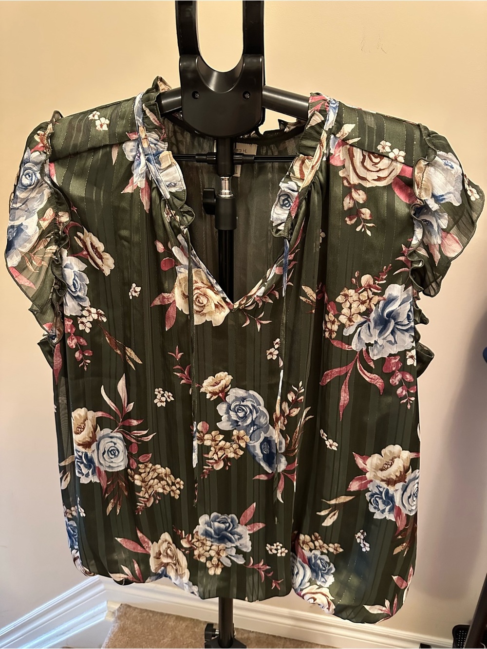 Floral Silk V-Neck Ruffled Sleeve Top - Olive Green